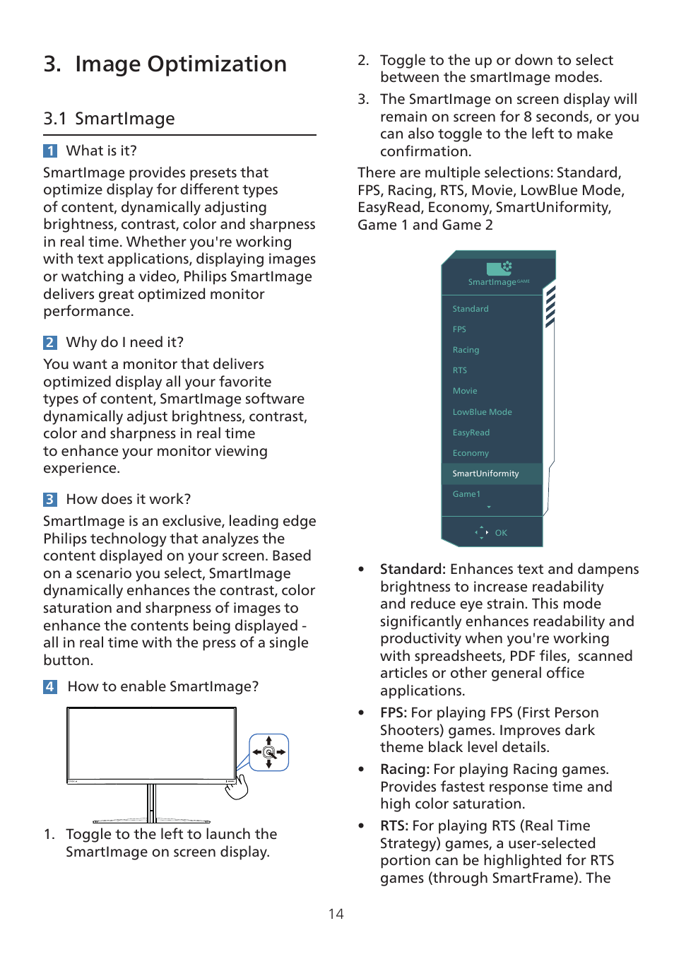 Image optimization, 1 smartimage | Philips 7000 34" 1440p HDR 165 Hz Curved Ultrawide Gaming Monitor (White) User Manual | Page 16 / 37