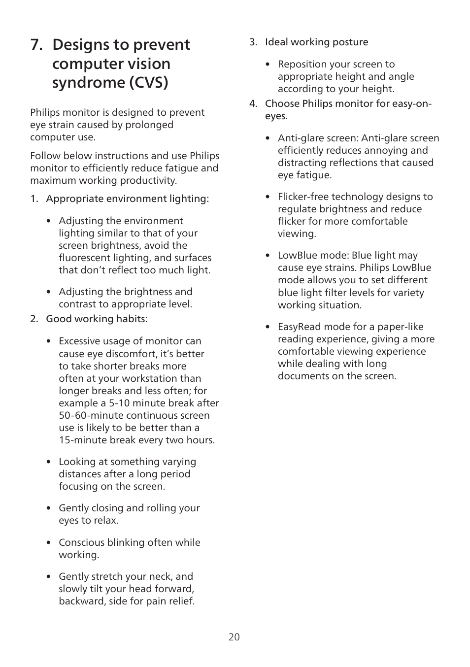 Designs to prevent computer, Vision syndrome (cvs), Designs to prevent computer vision syndrome (cvs) | Philips 7000 34" 1440p HDR 165 Hz Curved Ultrawide Gaming Monitor (White) User Manual | Page 22 / 37