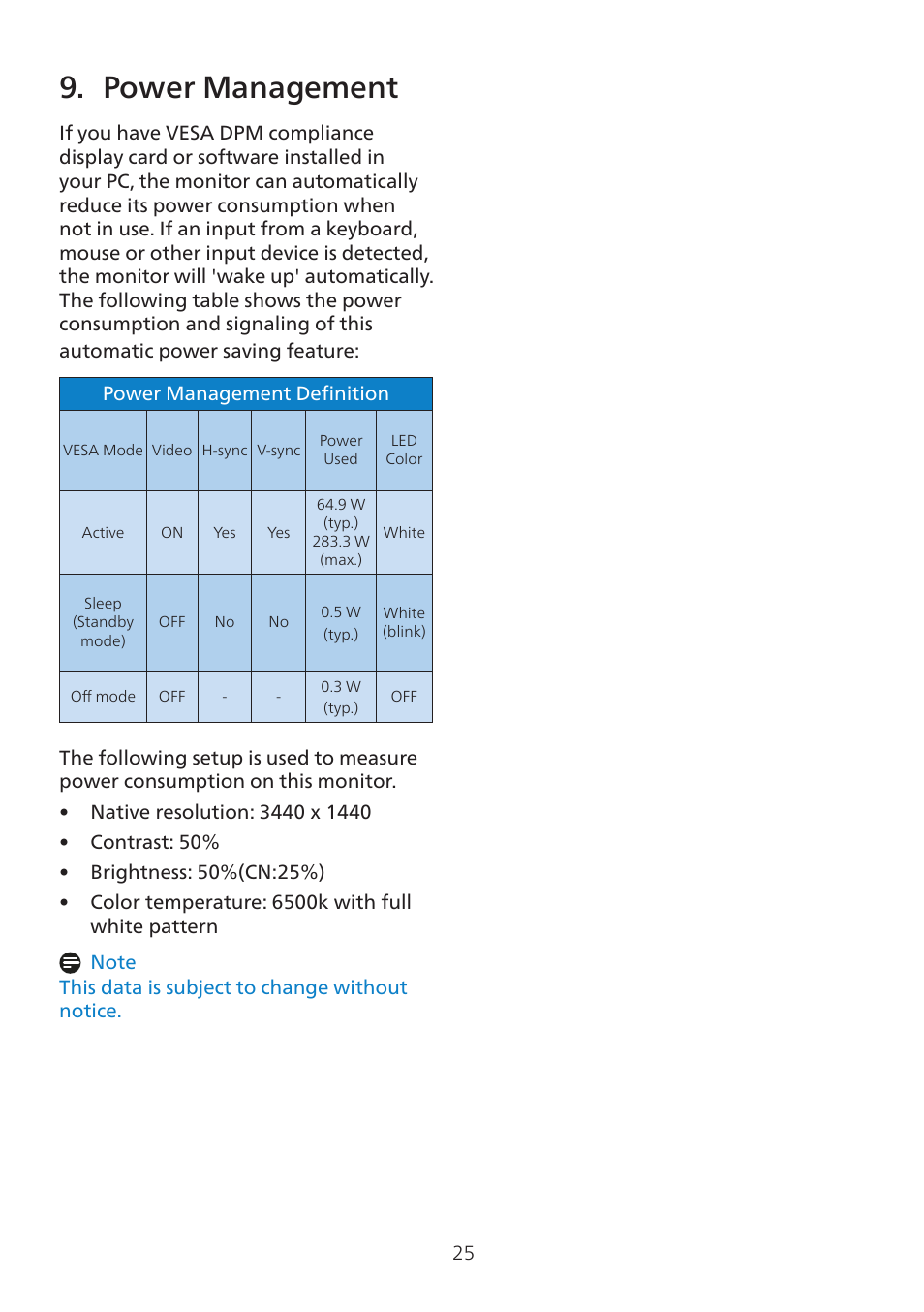 Power management | Philips 7000 34" 1440p HDR 165 Hz Curved Ultrawide Gaming Monitor (White) User Manual | Page 27 / 37