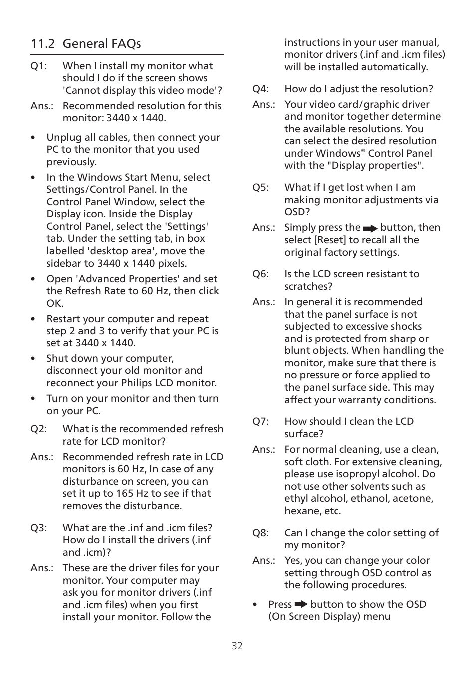 2 general faqs | Philips 7000 34" 1440p HDR 165 Hz Curved Ultrawide Gaming Monitor (White) User Manual | Page 34 / 37