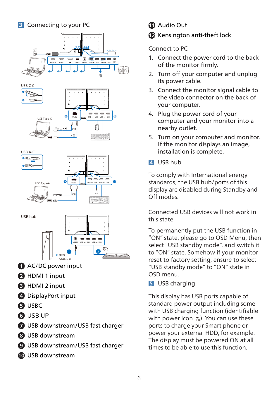 Connecting to your pc, Ac/dc power input, Hdmi 1 input | Hdmi 2 input, Displayport input, Usbc, Usb up, Usb downstream/usb fast charger, Usb downstream, Audio out | Philips 7000 34" 1440p HDR 165 Hz Curved Ultrawide Gaming Monitor (White) User Manual | Page 8 / 37