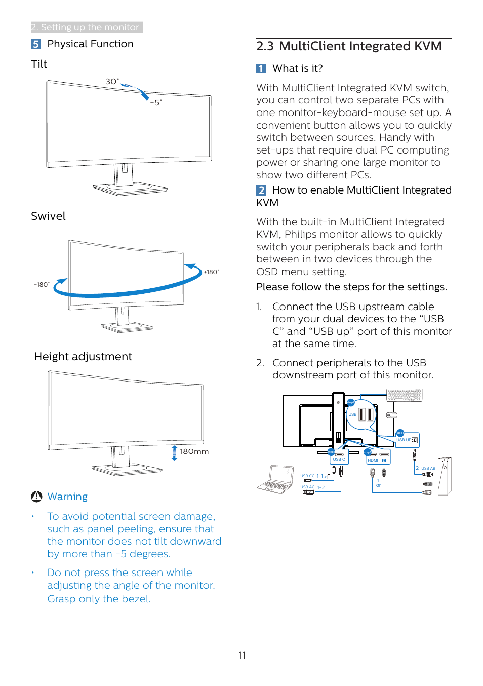 3 multiclient integrated kvm, Tilt, Swivel | Height adjustment, 5physical function, Setting up the monitor | Philips 346B1C 34" 21:9 Curved USB Type-C Docking LCD Monitor User Manual | Page 13 / 38