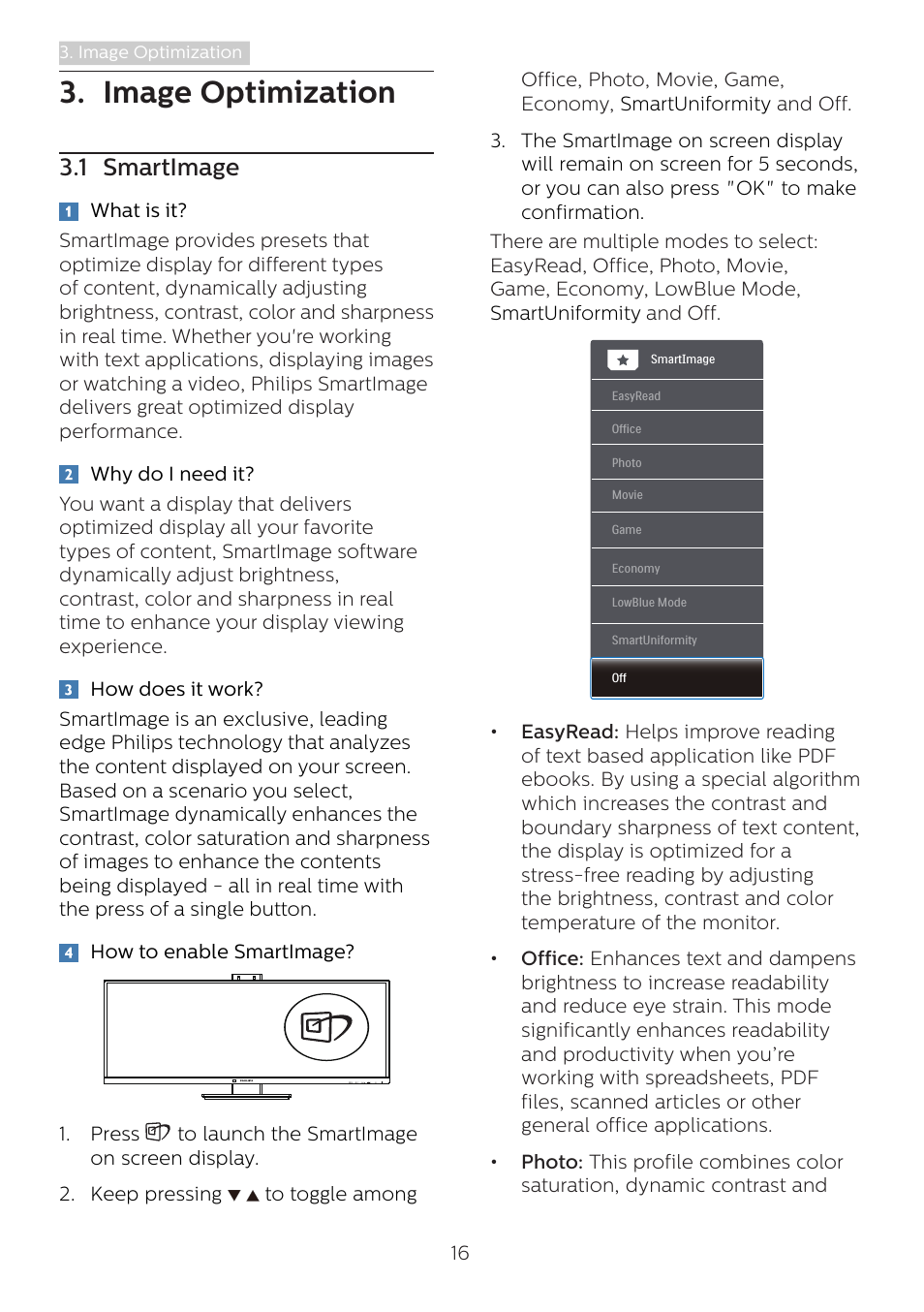 Image optimization, 1 smartimage | Philips 346B1C 34" 21:9 Curved USB Type-C Docking LCD Monitor User Manual | Page 18 / 38