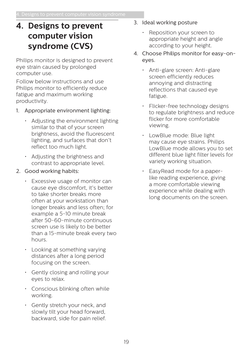 Designs to prevent computer, Vision syndrome (cvs), Designs to prevent computer vision syndrome (cvs) | Philips 346B1C 34" 21:9 Curved USB Type-C Docking LCD Monitor User Manual | Page 21 / 38