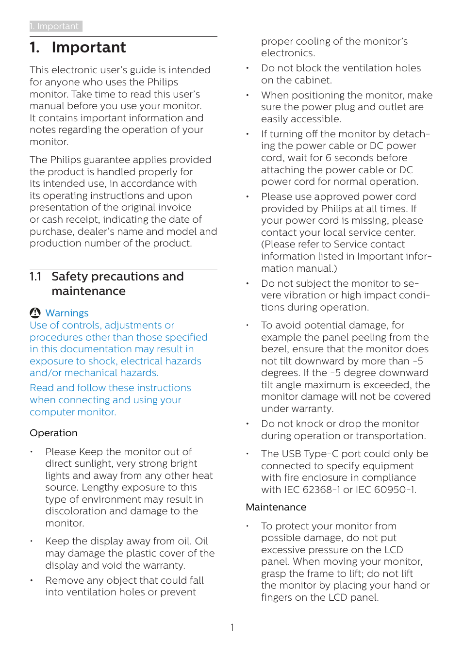 Important, 1 safety precautions and, Maintenance | 1 safety precautions and maintenance | Philips 346B1C 34" 21:9 Curved USB Type-C Docking LCD Monitor User Manual | Page 3 / 38