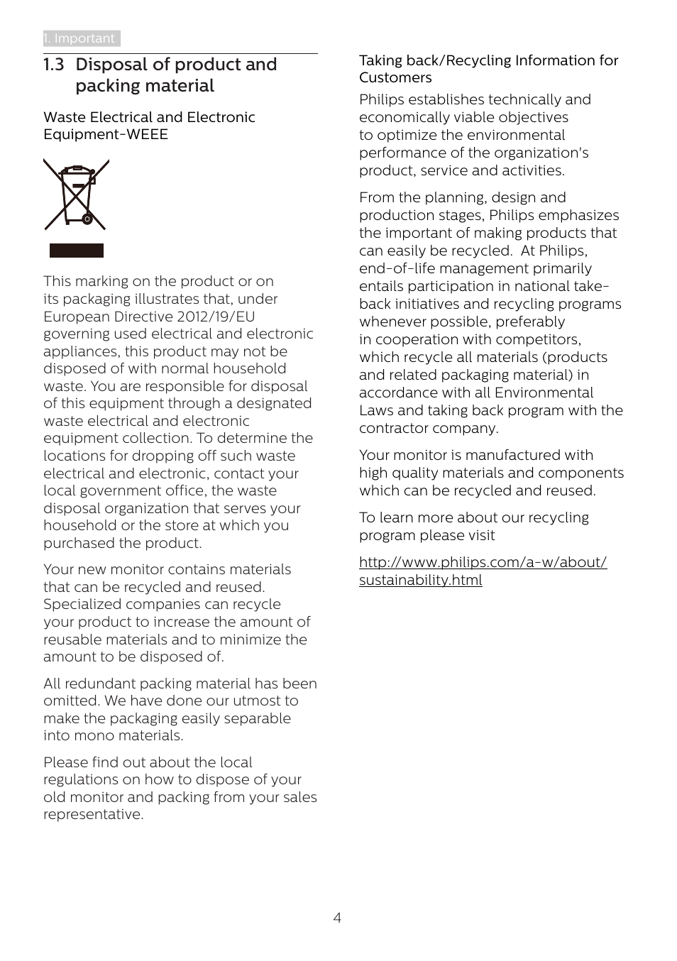 3 disposal of product and packing, Material, 3 disposal of product and packing material | Philips 346B1C 34" 21:9 Curved USB Type-C Docking LCD Monitor User Manual | Page 6 / 38