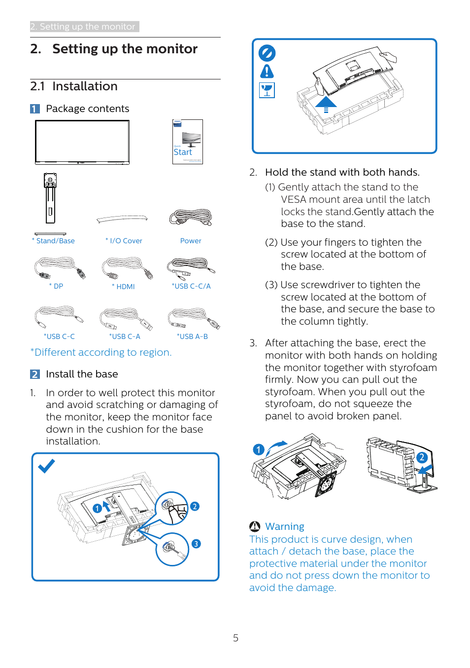 Setting up the monitor, 1 installation | Philips 346B1C 34" 21:9 Curved USB Type-C Docking LCD Monitor User Manual | Page 7 / 38