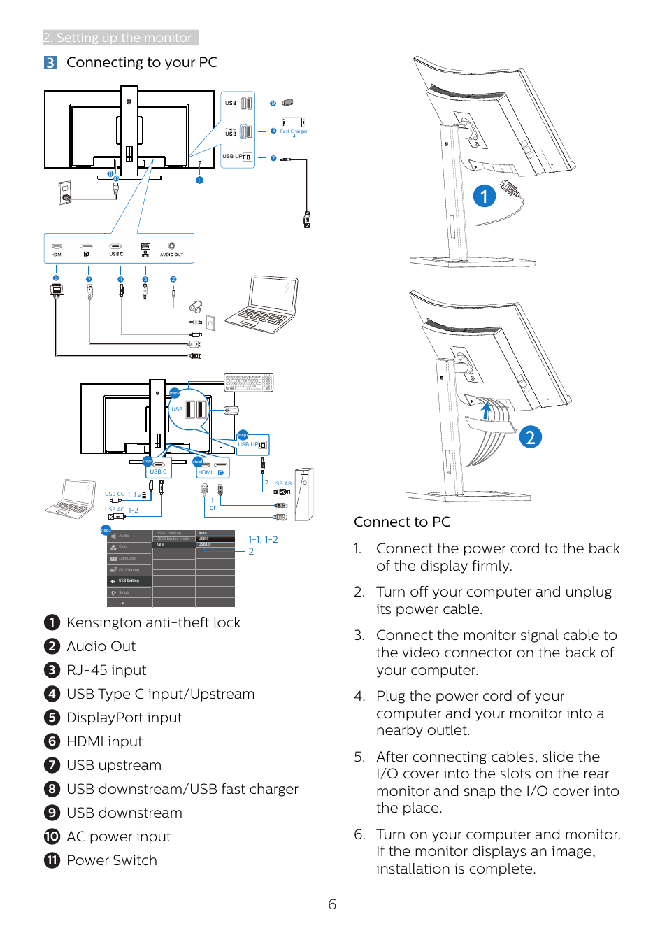 3connecting to your pc, Kensington anti-theft lock, Audio out | Rj-45 input, Usb type c input/upstream, Displayport input, Hdmi input, Usb upstream, Usb downstream/usb fast charger, Usb downstream | Philips 346B1C 34" 21:9 Curved USB Type-C Docking LCD Monitor User Manual | Page 8 / 38