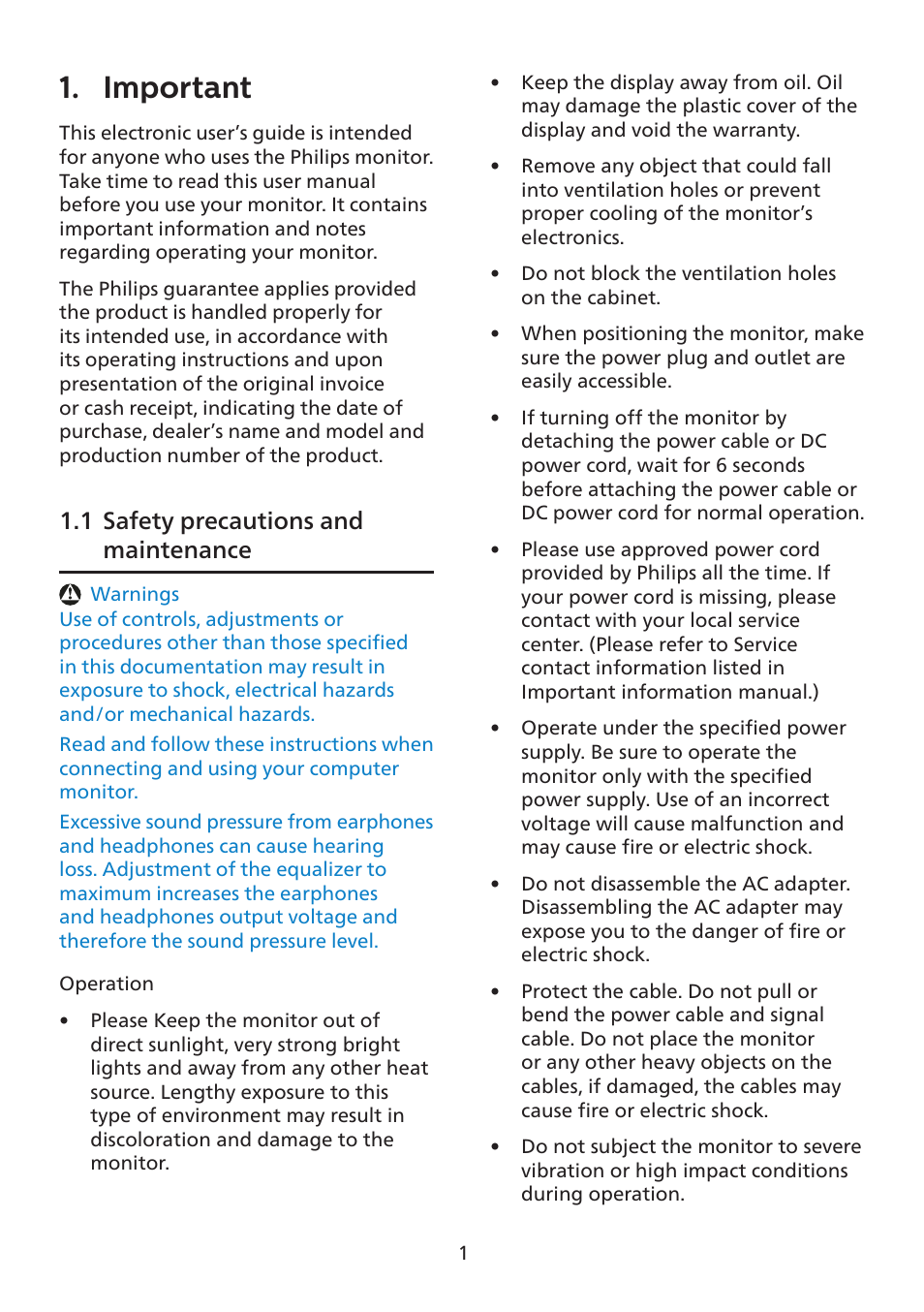 1 safety precautions and, Maintenance, Important | 1 safety precautions and maintenance | Philips 7000 Series 27" 4K HDR Monitor User Manual | Page 3 / 40