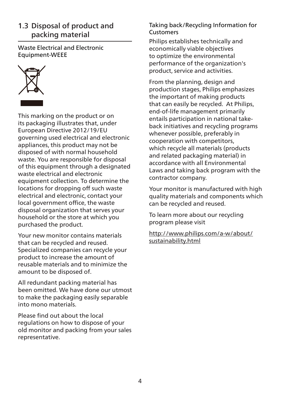 3 disposal of product and packing, Material, 3 disposal of product and packing material | Philips 7000 Series 27" 4K HDR Monitor User Manual | Page 6 / 40