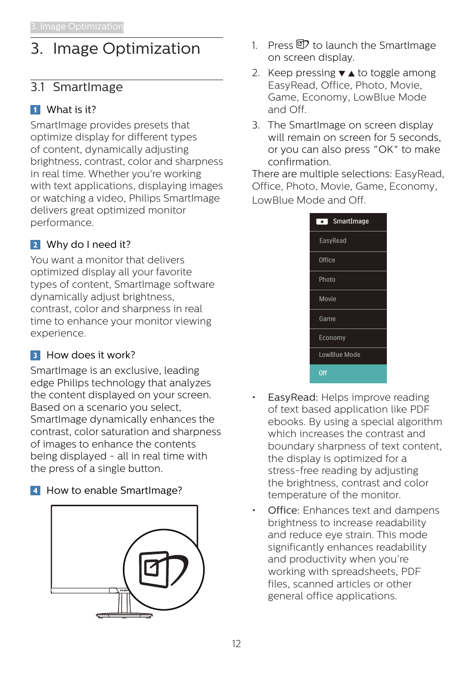 Image optimization, 1 smartimage | Philips 273V7QJAB 27" 16:9 IPS Monitor User Manual | Page 14 / 31