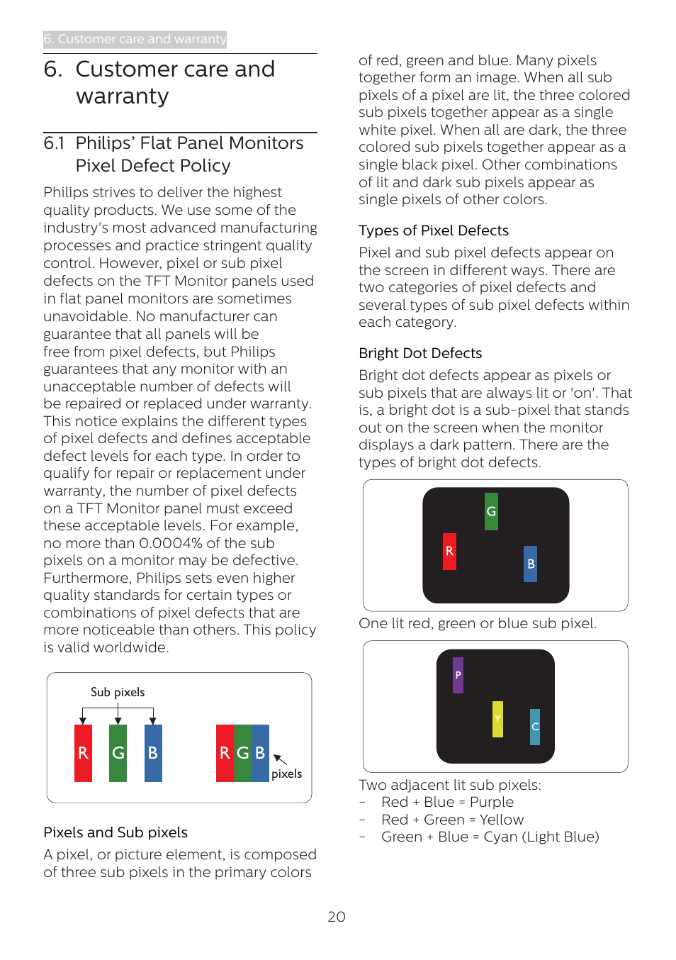 Customer care and warranty, 1 philips’ flat panel monitors, Pixel defect policy | 1 philips’ flat panel monitors pixel defect policy | Philips 273V7QJAB 27" 16:9 IPS Monitor User Manual | Page 22 / 31