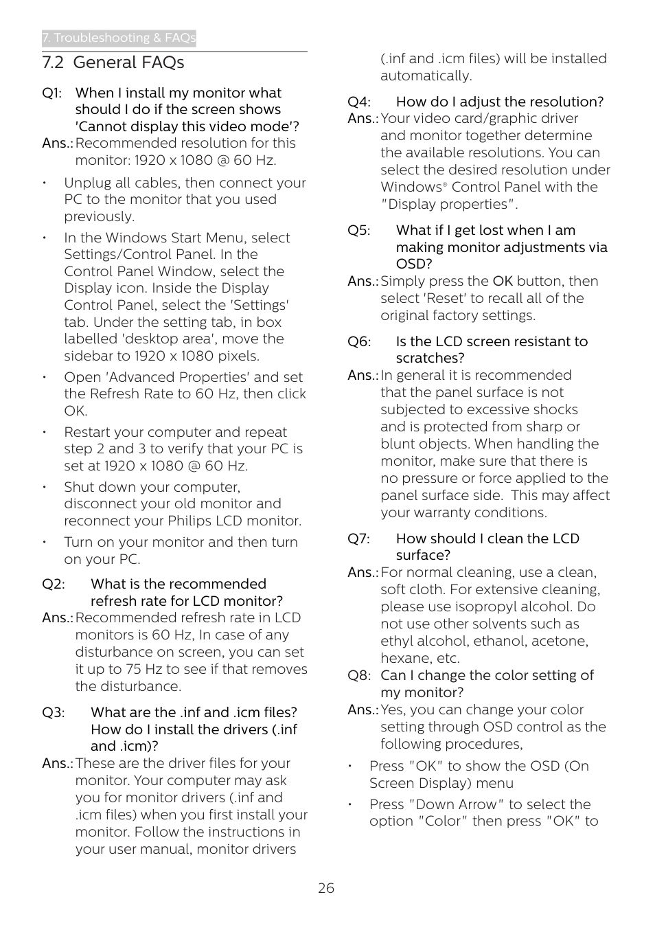 2 general faqs | Philips 273V7QJAB 27" 16:9 IPS Monitor User Manual | Page 28 / 31