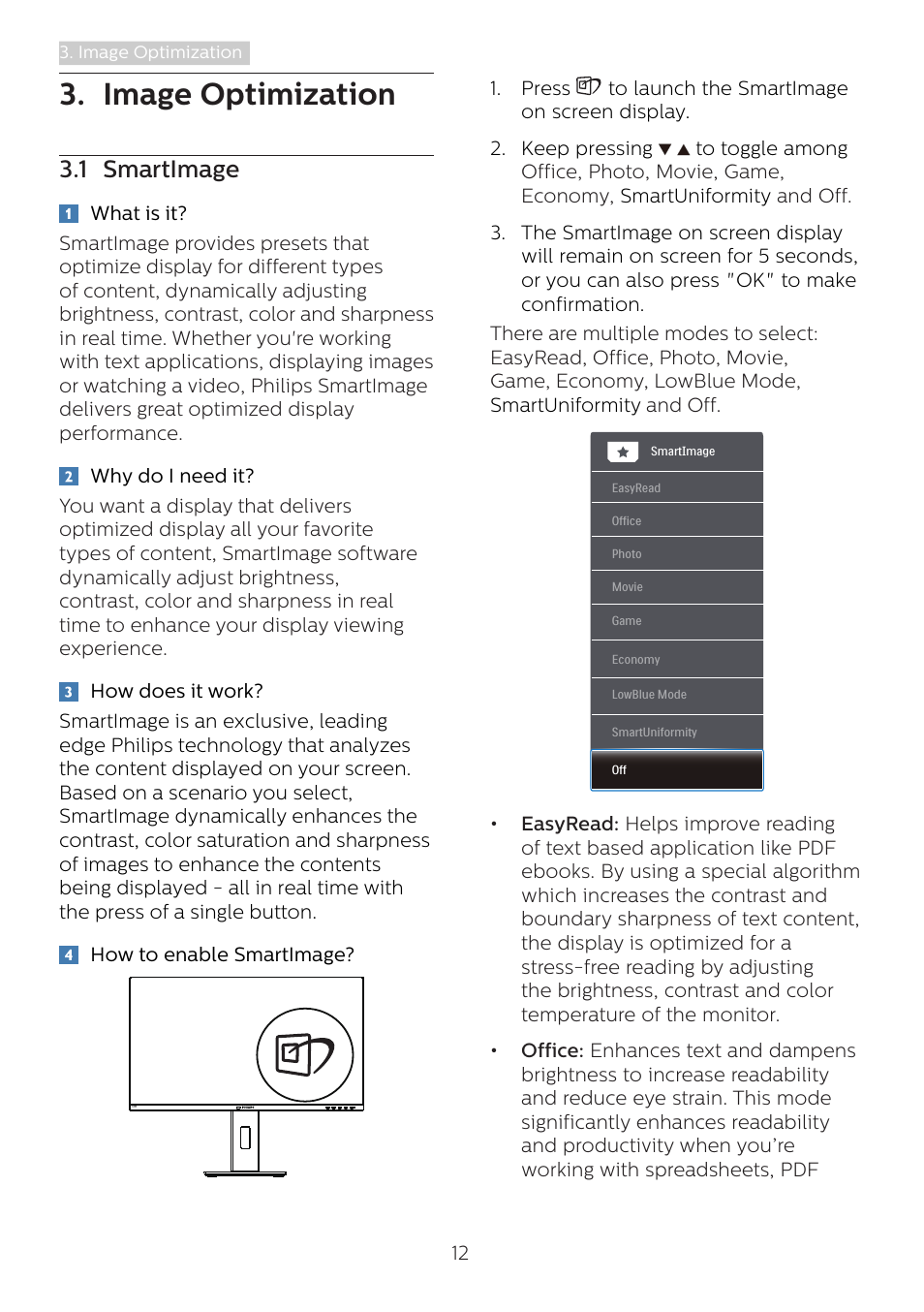 Image optimization, 1 smartimage | Philips 328B1 31.5" 4K Monitor User Manual | Page 14 / 35