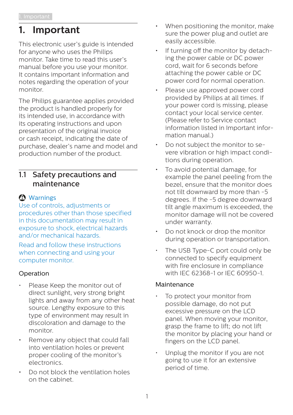 Important, 1 safety precautions and maintenance, 1 safety precautions and | Maintenance | Philips 328B1 31.5" 4K Monitor User Manual | Page 3 / 35