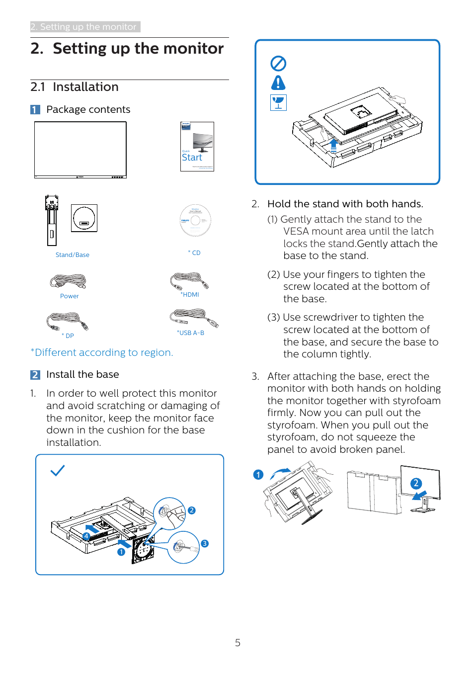 Setting up the monitor, 1 installation, 1package contents | Start, Stand/base power * cd, Hdmi *usb a-b * dp | Philips 328B1 31.5" 4K Monitor User Manual | Page 7 / 35