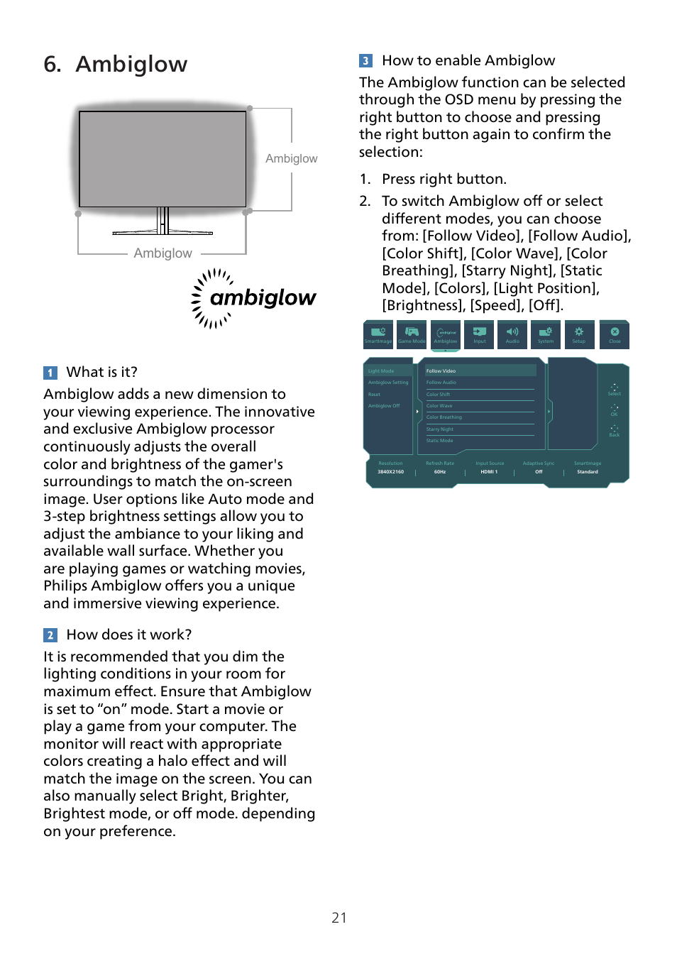 Ambiglow | Philips 8000 41.5" 4K HDR 138 Hz Gaming Monitor (White) User Manual | Page 23 / 43