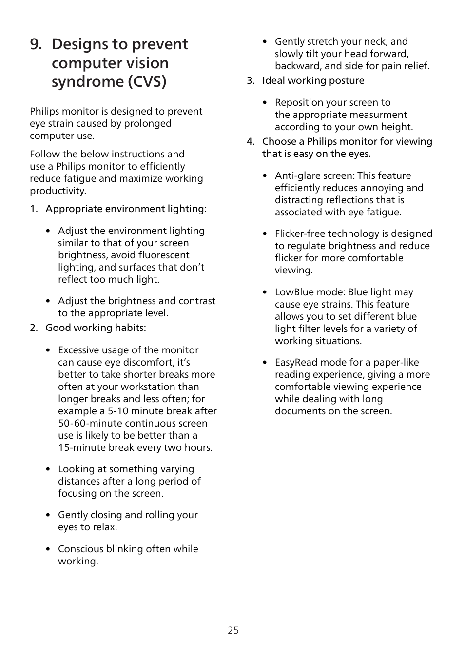 Designs to prevent computer, Vision syndrome (cvs), Designs to prevent computer vision syndrome (cvs) | Philips 8000 41.5" 4K HDR 138 Hz Gaming Monitor (White) User Manual | Page 27 / 43