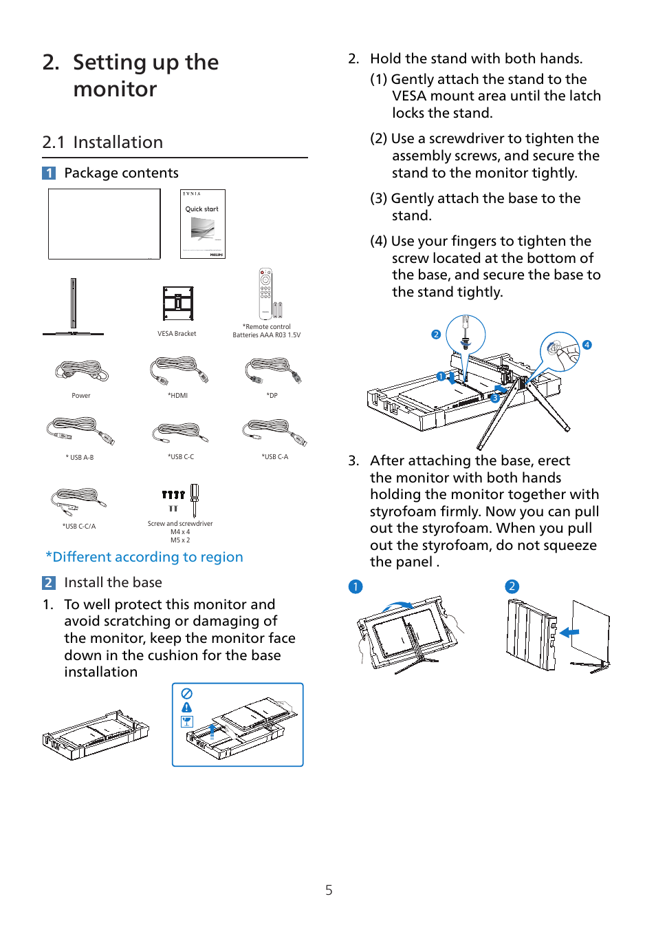 Setting up the monitor, 1 installation, Package contents | Different according to region | Philips 8000 41.5" 4K HDR 138 Hz Gaming Monitor (White) User Manual | Page 7 / 43