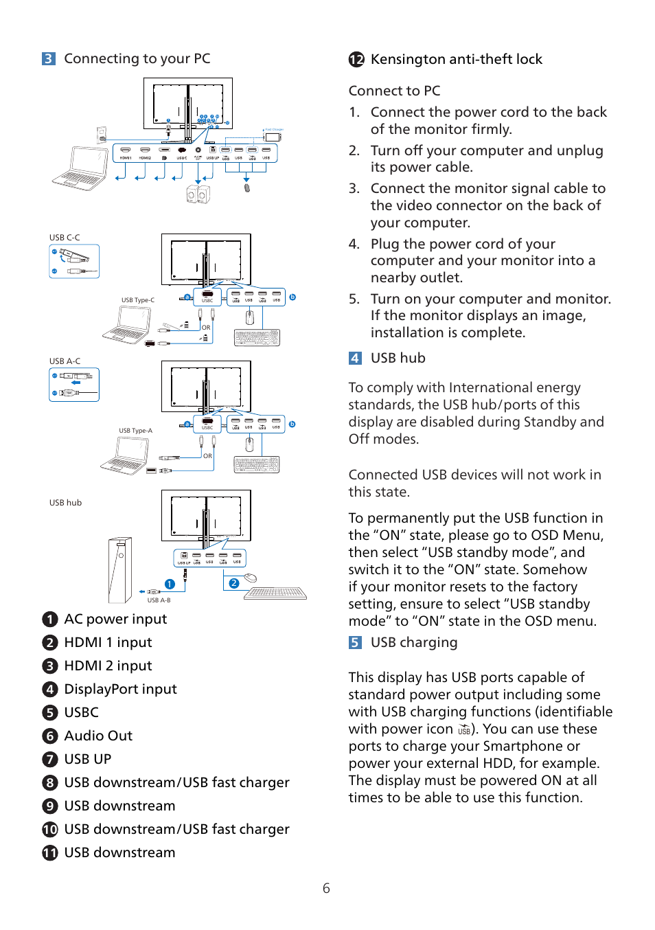 Connecting to your pc, Ac power input, Hdmi 1 input | Hdmi 2 input, Displayport input, Usbc, Audio out, Usb up, Usb downstream/usb fast charger, Usb downstream | Philips 8000 41.5" 4K HDR 138 Hz Gaming Monitor (White) User Manual | Page 8 / 43