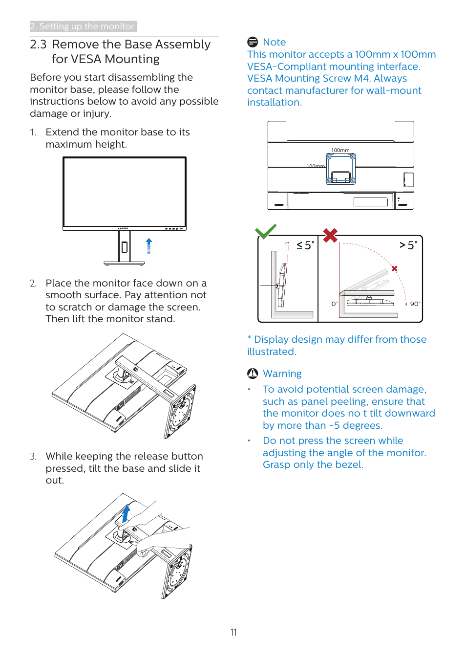 3 remove the base assembly for vesa mounting, 3 remove the base assembly for, Vesa mounting | Philips 279P1 27" 4K Monitor with USB Type-C Docking User Manual | Page 13 / 37