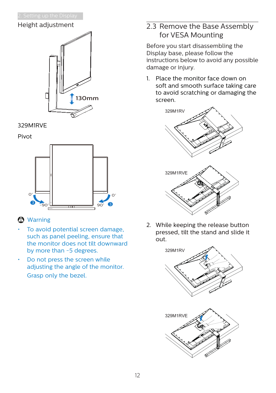 3 remove the base assembly for, Vesa mounting, 3 remove the base assembly for vesa mounting | Height adjustment | Philips Momentum 31.5" 4K HDR 144 Hz Gaming Monitor User Manual | Page 14 / 38