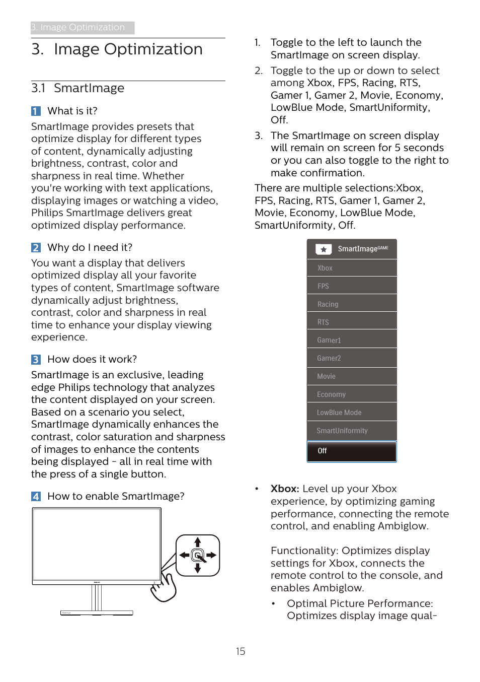 Image optimization, 1 smartimage | Philips Momentum 31.5" 4K HDR 144 Hz Gaming Monitor User Manual | Page 17 / 38