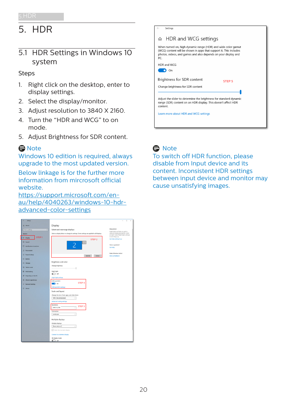 1 hdr settings in windows 10, System, 1 hdr settings in windows 10 system | Philips Momentum 31.5" 4K HDR 144 Hz Gaming Monitor User Manual | Page 22 / 38