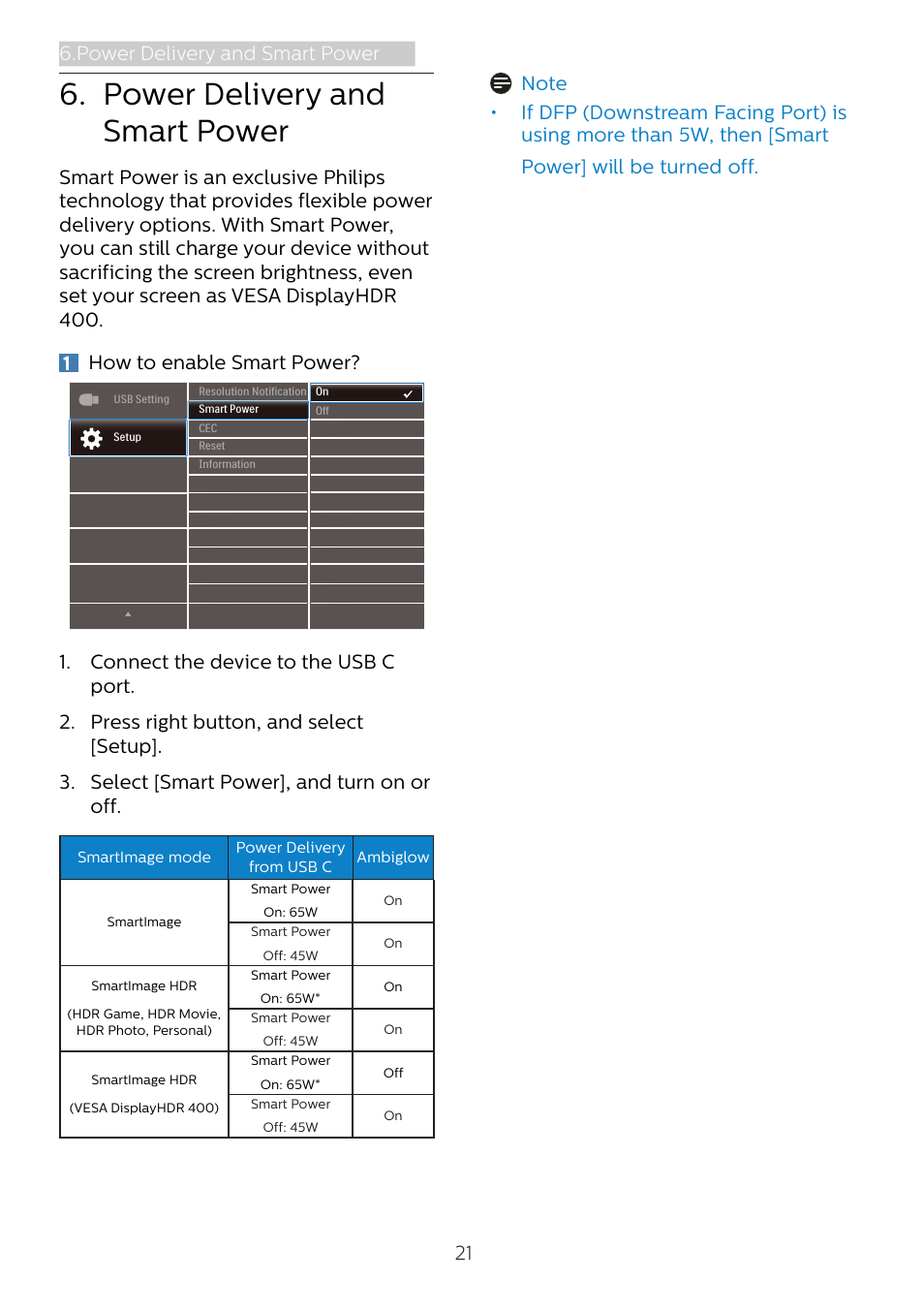 Power delivery and smart, Power, Power delivery and smart power | 21 6.power delivery and smart power | Philips Momentum 31.5" 4K HDR 144 Hz Gaming Monitor User Manual | Page 23 / 38