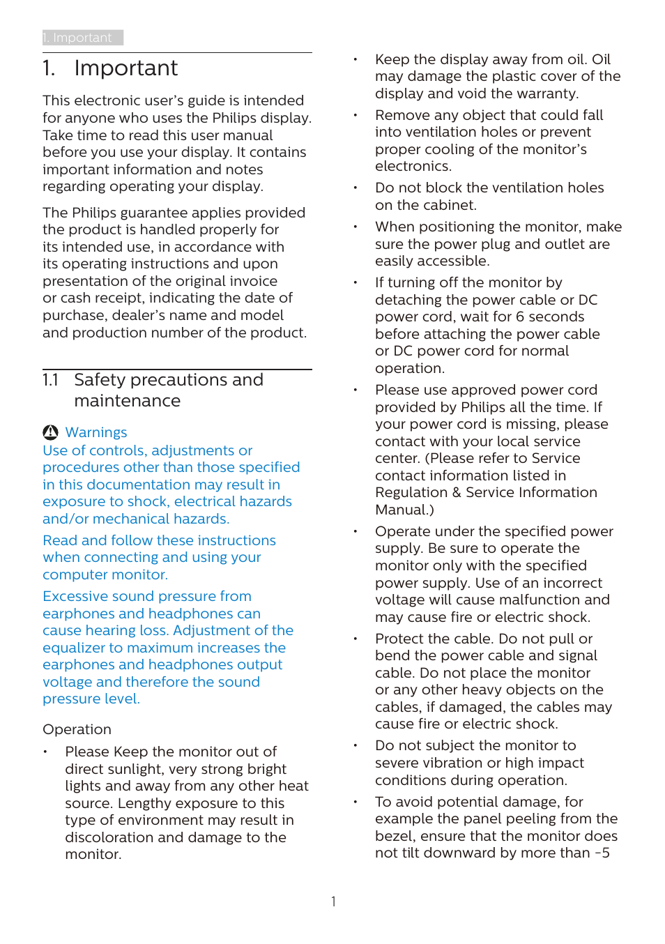 Important, 1 safety precautions and, Maintenance | 1 safety precautions and maintenance | Philips Momentum 31.5" 4K HDR 144 Hz Gaming Monitor User Manual | Page 3 / 38