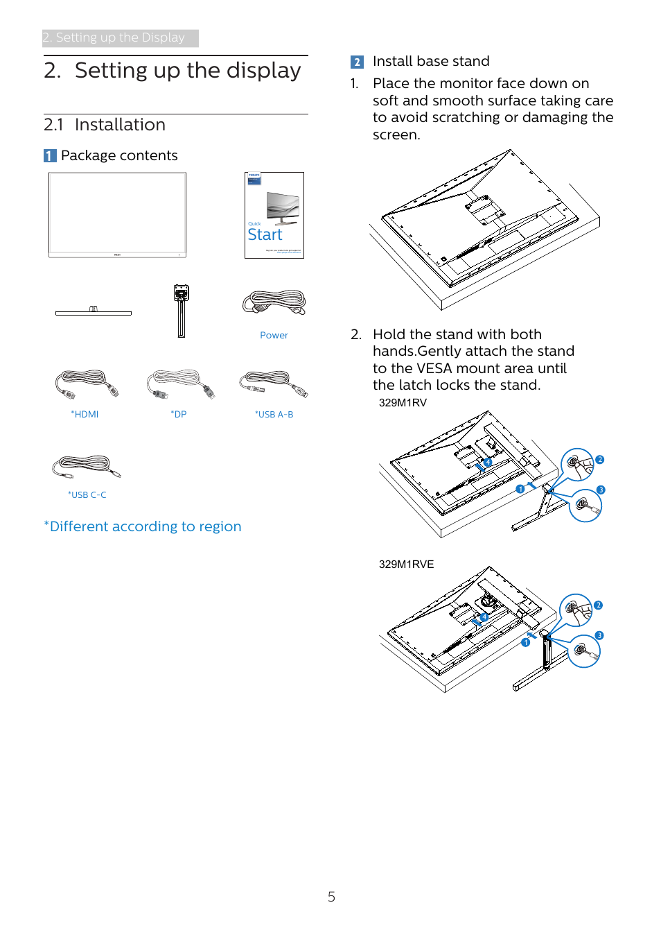 Setting up the display, 1 installation, Start | 1package contents | Philips Momentum 31.5" 4K HDR 144 Hz Gaming Monitor User Manual | Page 7 / 38