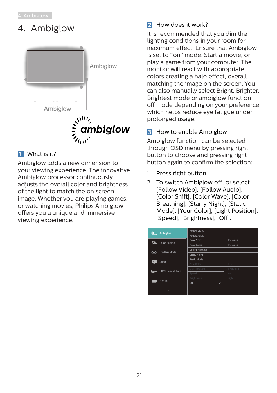 Ambiglow | Philips Momentum 27" 4K HDR 144 Hz Gaming Monitor User Manual | Page 23 / 40