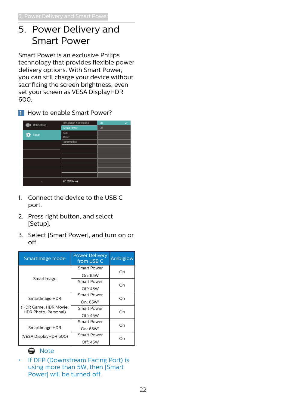 Power delivery and smart, Power, Power delivery and smart power | Philips Momentum 27" 4K HDR 144 Hz Gaming Monitor User Manual | Page 24 / 40