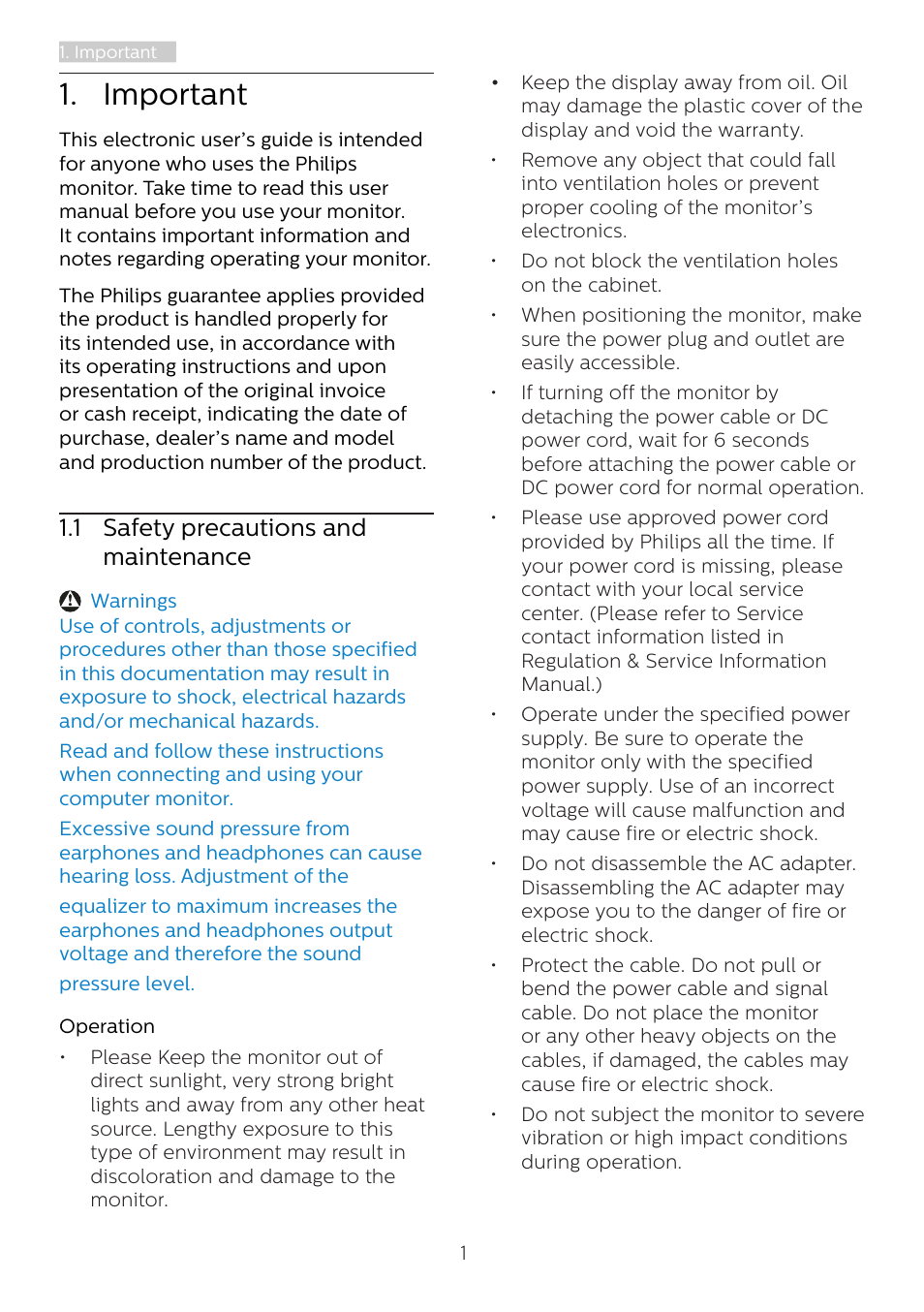 Important, 1 safety precautions and, Maintenance | 1 safety precautions and maintenance | Philips Momentum 27" 4K HDR 144 Hz Gaming Monitor User Manual | Page 3 / 40