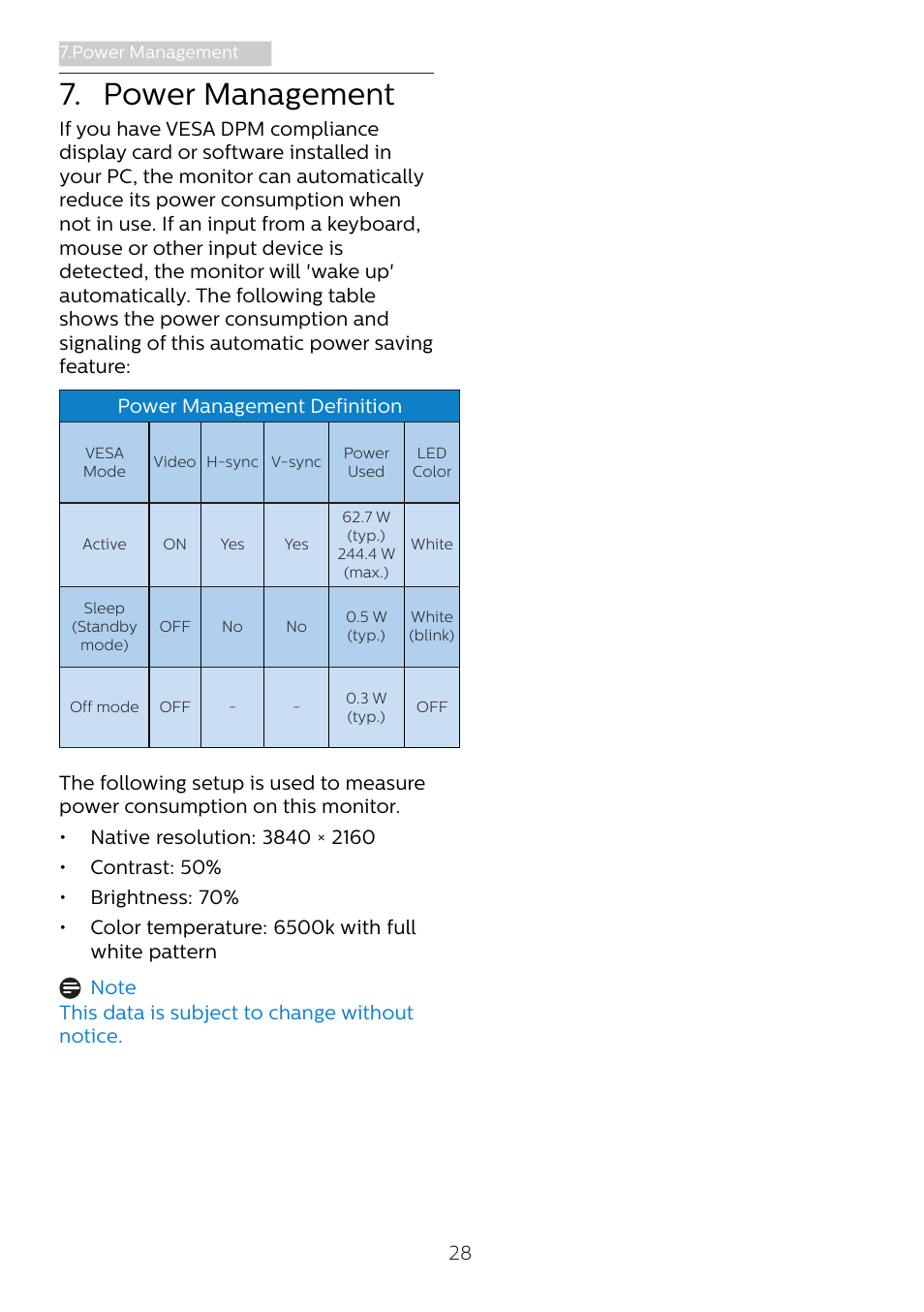 Power management | Philips Momentum 27" 4K HDR 144 Hz Gaming Monitor User Manual | Page 30 / 40