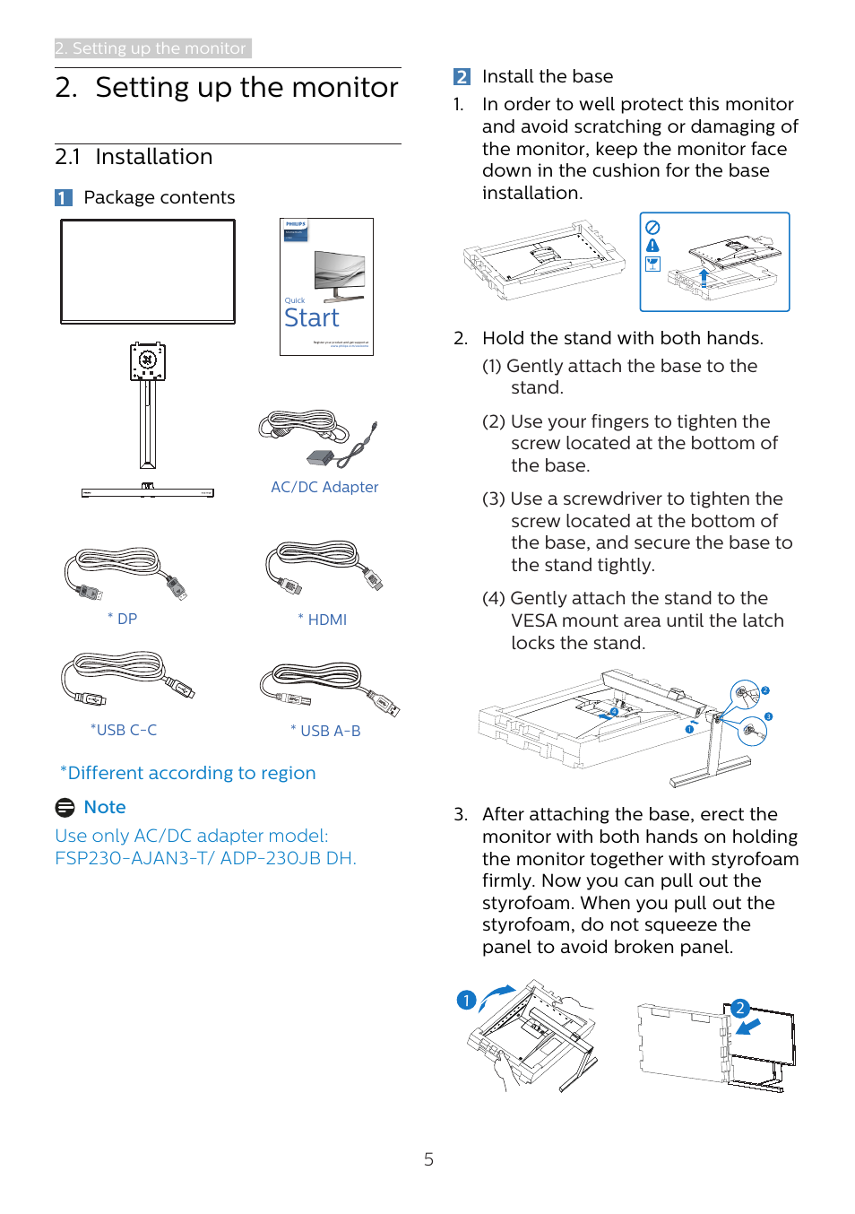 Setting up the monitor, 1 installation, Start | Philips Momentum 27" 4K HDR 144 Hz Gaming Monitor User Manual | Page 7 / 40