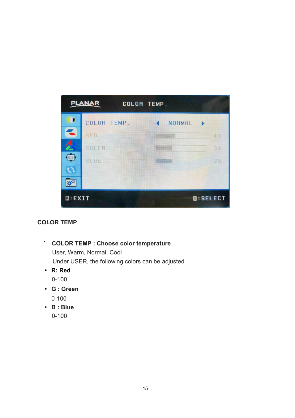 Color temp, Color temp : choose color temperature, Operation instructions | Unpacking instructions, Safety precautions, Consignes de sécurité, Package overview, First setup, Front view of the product, Rear view of the product | Planar Systems PLN2700 27" Monitor User Manual | Page 17 / 26