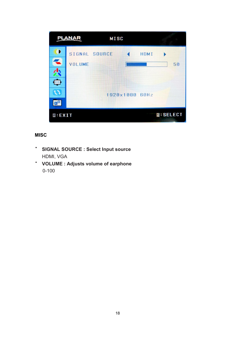 Signal source : select input source, Volume : adjusts volume of earphone | Planar Systems PLN2700 27" Monitor User Manual | Page 20 / 26