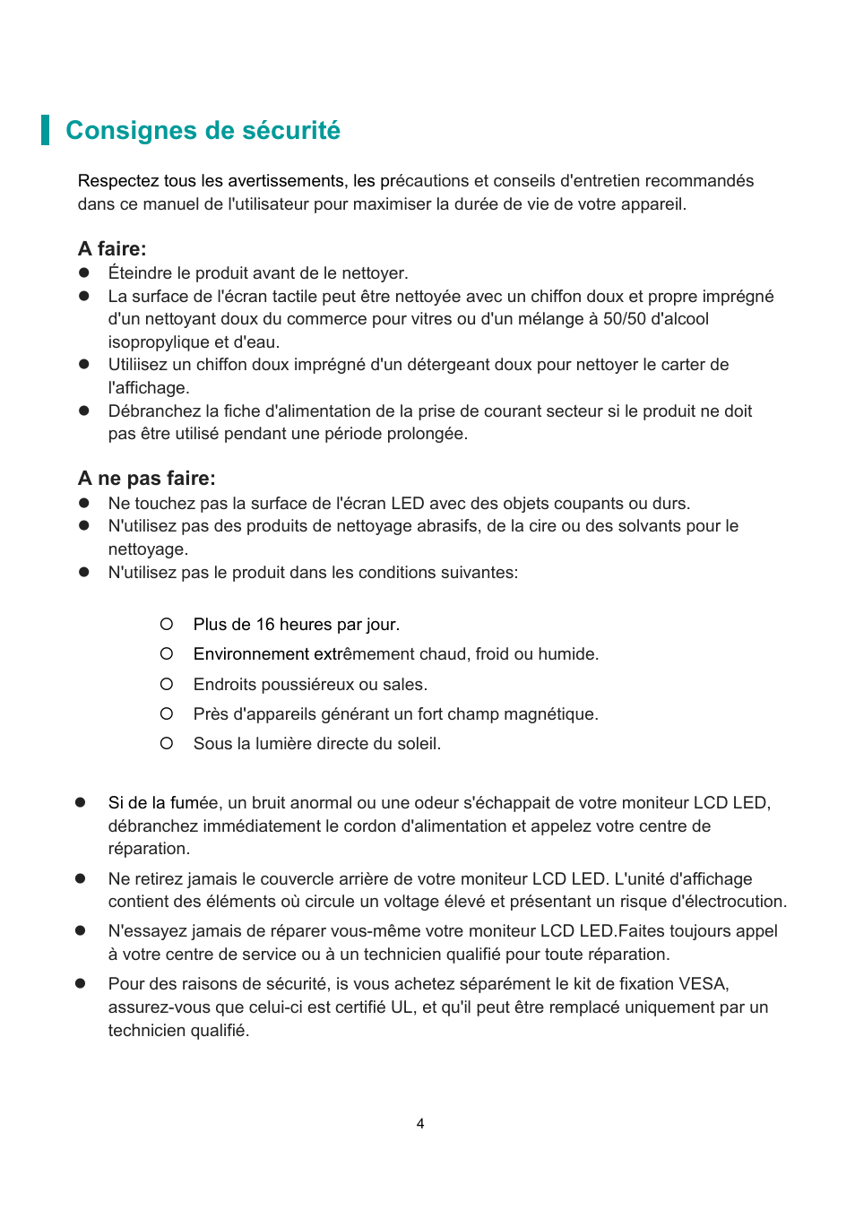 Consignes de sécurité | Planar Systems PLN2700 27" Monitor User Manual | Page 6 / 26