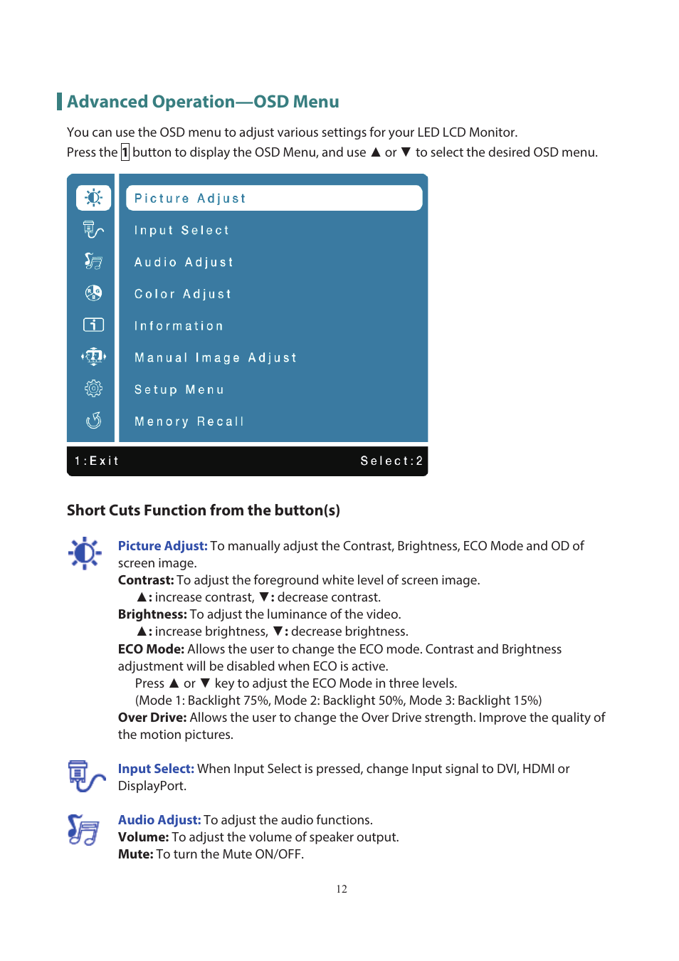Advanced operation—osd menu | Planar Systems PXL3280W 31.5" 16:9 QHD IPS Monitor User Manual | Page 14 / 22