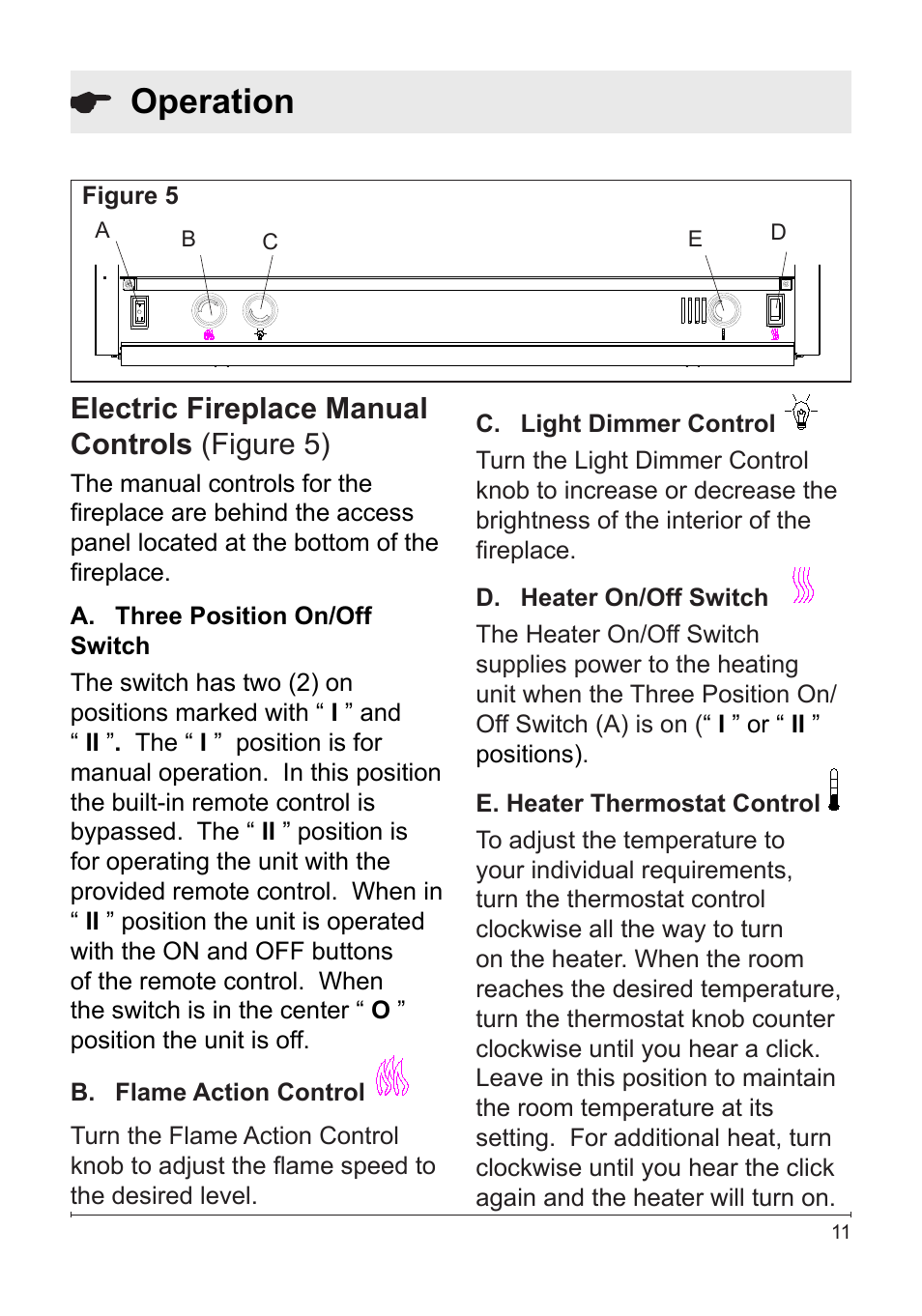 Operation, Electric fireplace manual controls (figure 5) | Dimplex DF2622SS User Manual | Page 11 / 63