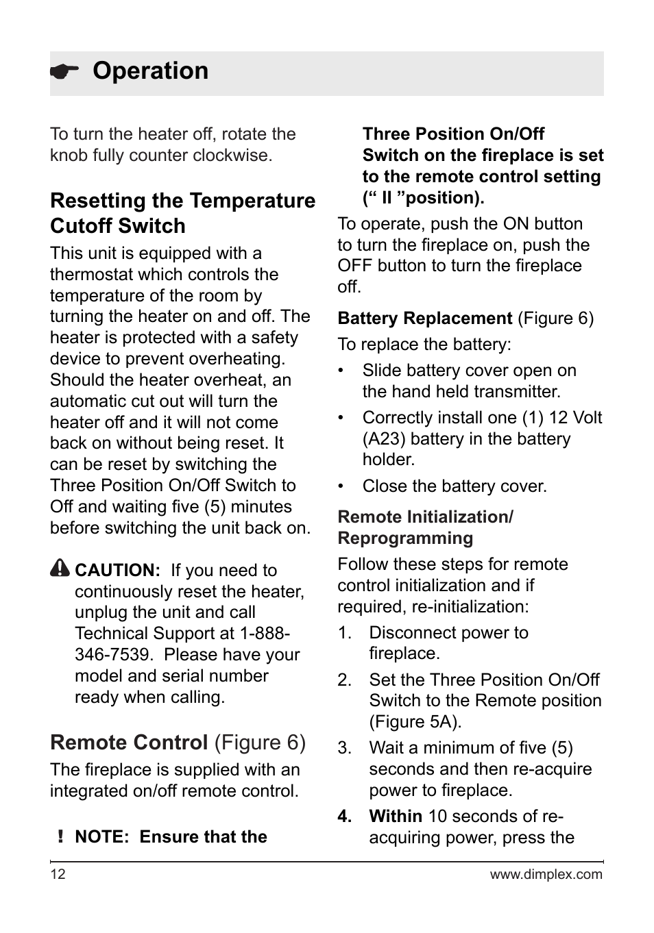 Operation, Resetting the temperature cutoff switch, Remote control (figure 6) | Dimplex DF2622SS User Manual | Page 12 / 63