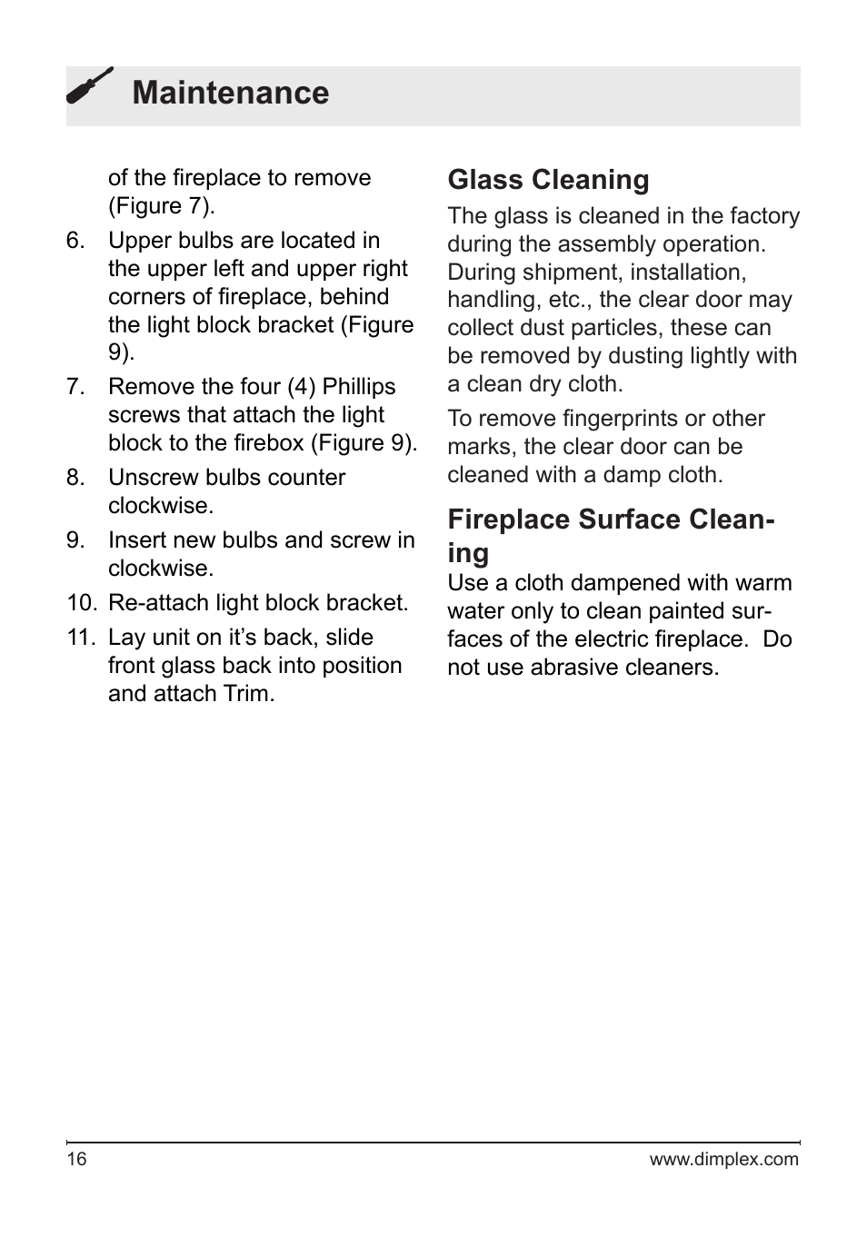Maintenance, Glass cleaning, Fireplace surface clean- ing | Dimplex DF2622SS User Manual | Page 16 / 63