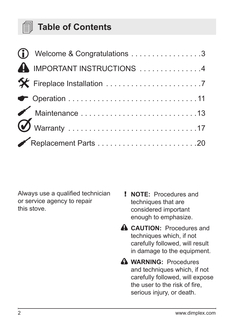 Dimplex DF2622SS User Manual | Page 2 / 63