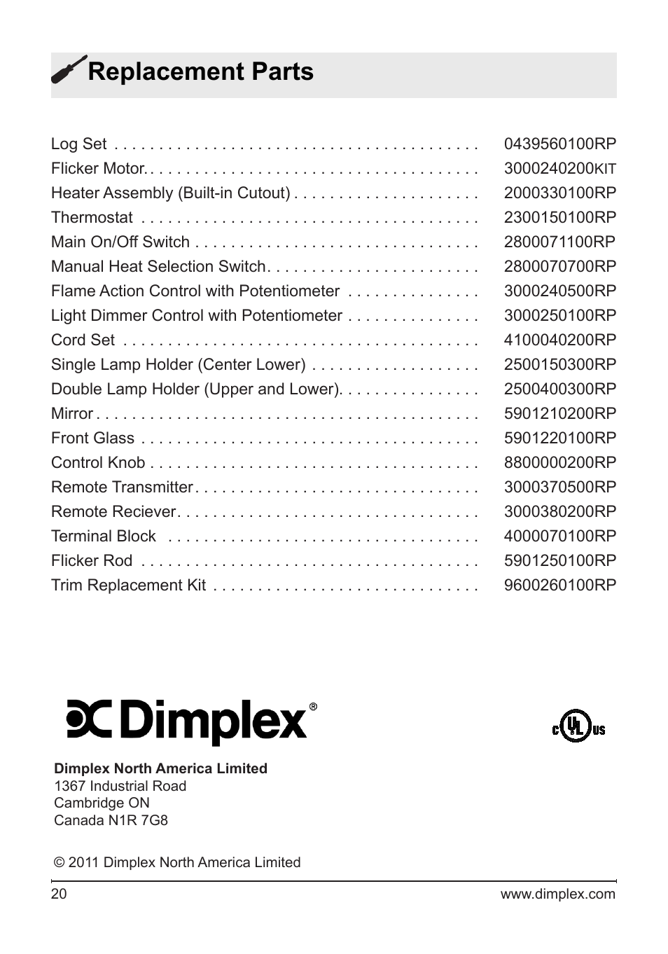 Replacement parts | Dimplex DF2622SS User Manual | Page 20 / 63
