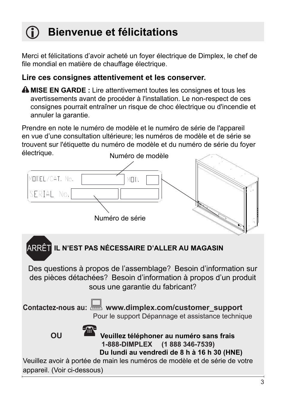 Bienvenue et félicitations | Dimplex DF2622SS User Manual | Page 23 / 63