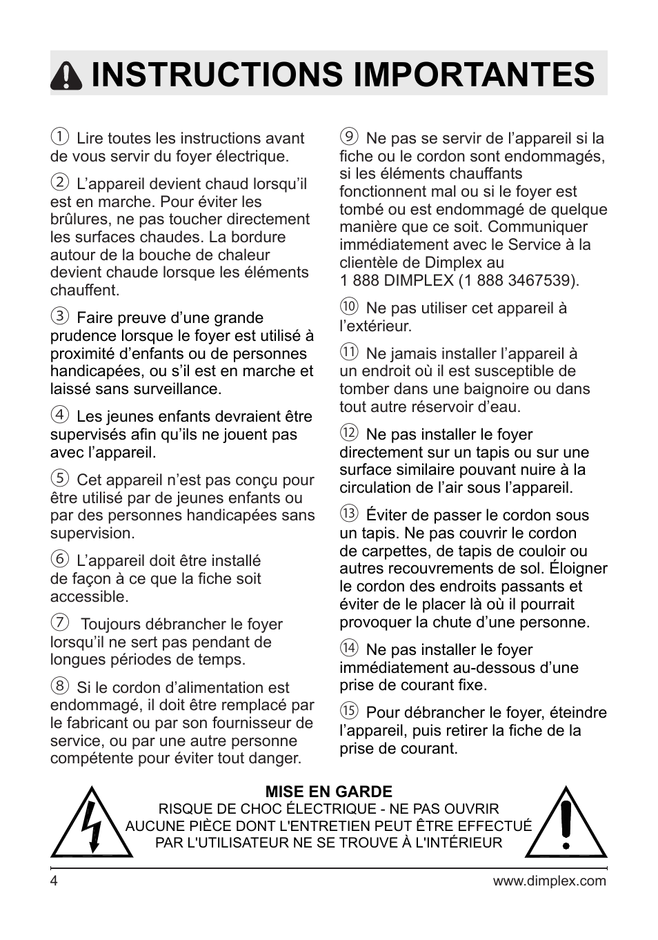 Instructions importantes | Dimplex DF2622SS User Manual | Page 24 / 63