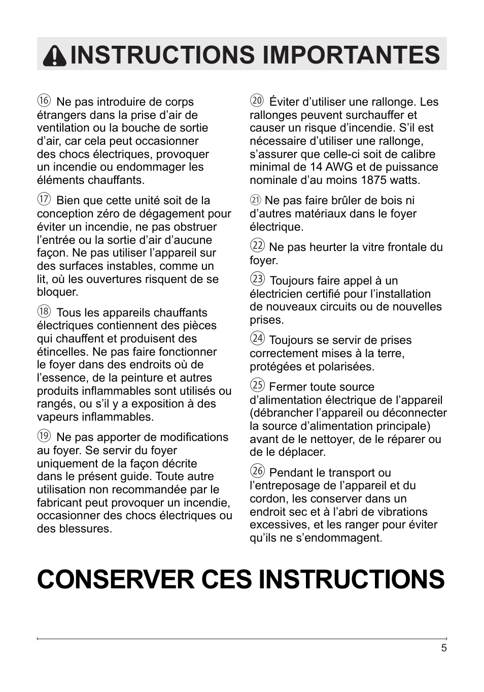 Conserver ces instructions, Instructions importantes | Dimplex DF2622SS User Manual | Page 25 / 63