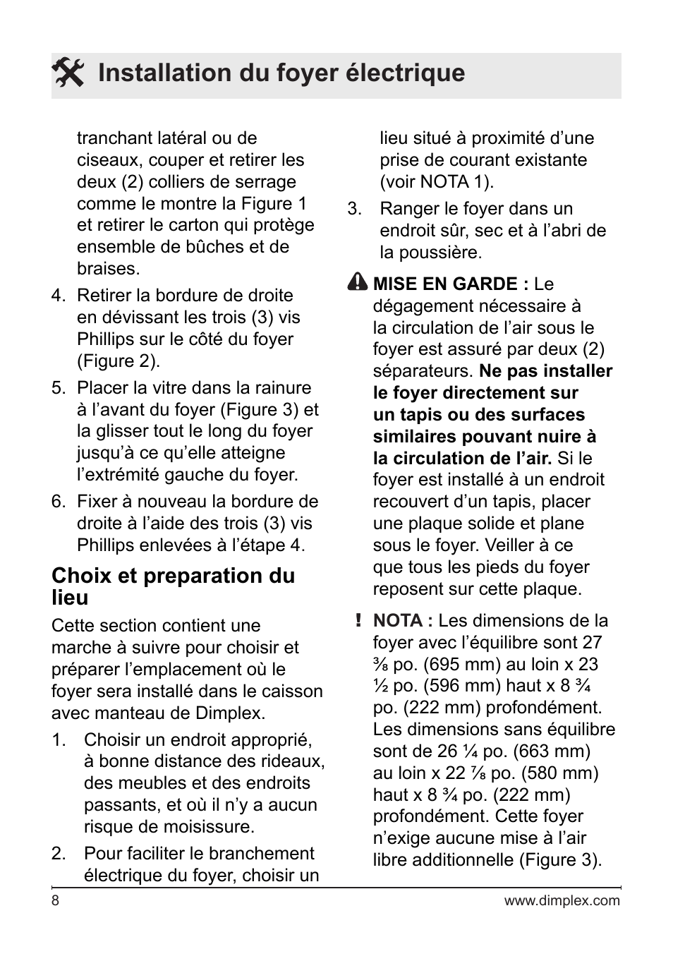 Installation du foyer électrique, Choix et preparation du lieu | Dimplex DF2622SS User Manual | Page 28 / 63