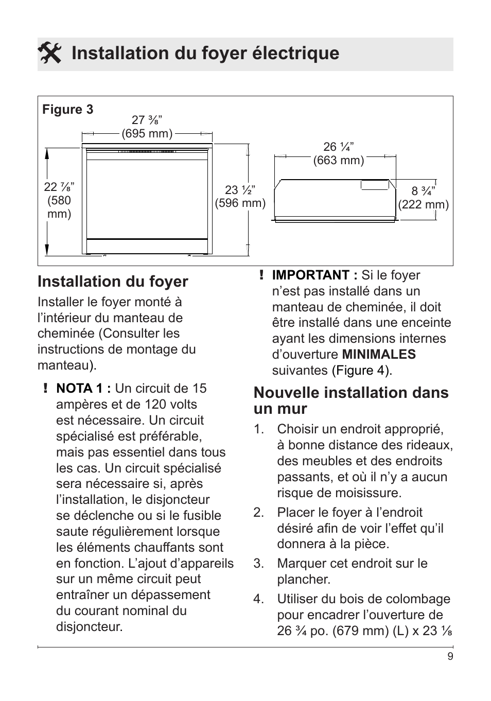 Installation du foyer électrique, Installation du foyer, Nouvelle installation dans un mur | Dimplex DF2622SS User Manual | Page 29 / 63